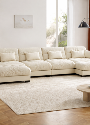 U-Shaped Cloud Sectional Likeshoppe Sofa – Luxury Cream Velvet 4-Seater Modular Couch with Deep Seating & Movable Ottomans