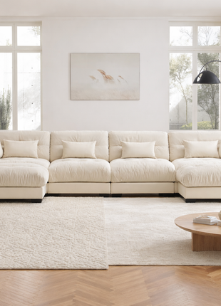 U-Shaped Cloud Sectional Likeshoppe Sofa – Luxury Cream Velvet 4-Seater Modular Couch with Deep Seating & Movable Ottomans