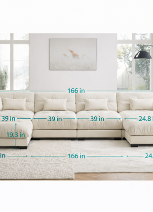 U-Shaped Cloud Sectional Likeshoppe Sofa – Luxury Cream Velvet 4-Seater Modular Couch with Deep Seating & Movable Ottomans