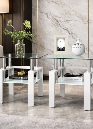 Modern Tempered Glass Coffee Table Set of 2 – Square End Tables with Storage Shelf LS3