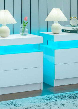 LED Nightstand with 2 Drawers – Modern Black Bedside Table with RGB Lights (Set of 2)