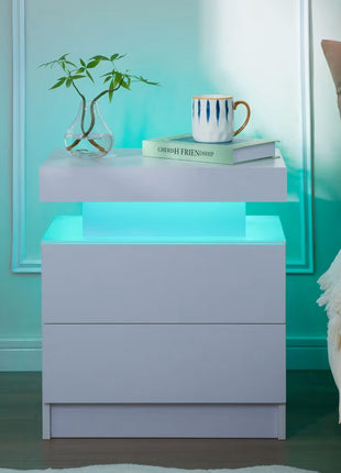 LED Nightstand with 2 Drawers – Modern Black Bedside Table with RGB Lights (Set of 2)