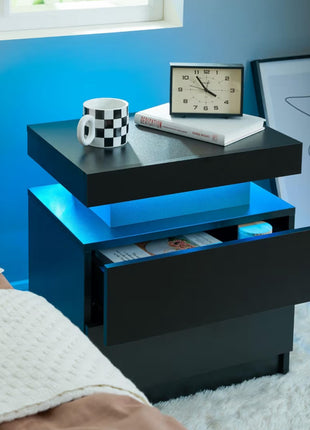 LED Nightstand with 2 Drawers – Modern Black Bedside Table with RGB Lights (Set of 2)