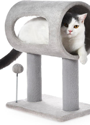 Gray Cat Tree Tower with Tunnel Bed & Scratching Posts – Indoor Cat Condo with Hanging Toys