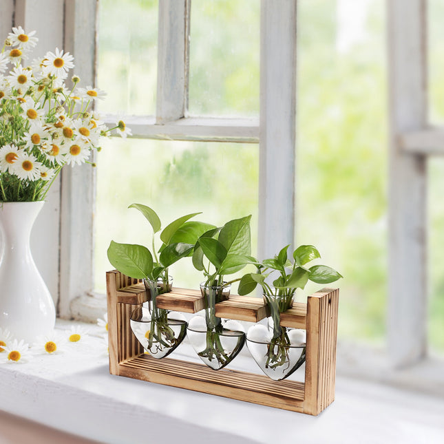 Heart-Shaped Plant Terrarium Propagation Station – Wooden Stand Hydroponic Glass Vase Planter