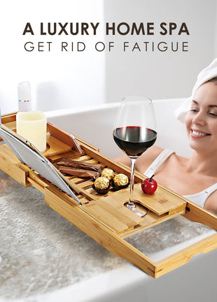 Extendable Bamboo Bathtub Caddy Tray – Luxury Bath Tray with Book & Wine Holder