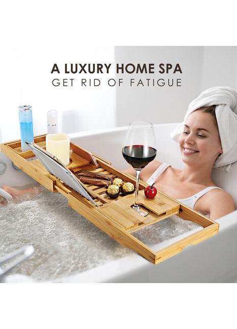 Extendable Bamboo Bathtub Caddy Tray – Luxury Bath Tray with Book & Wine Holder