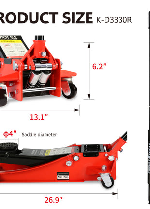 3 Ton Hydraulic Floor Jack Low Profile – Dual Piston Quick Lift Racing Jack (3.3”–18.5”) for Cars, Trucks & SUVs