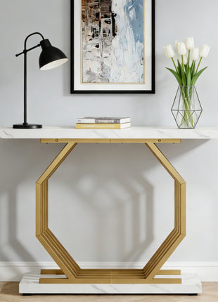 Likeshoppe Faux Marble Console Table with Gold Octagon Base – 39" Modern Entryway Sofa Table