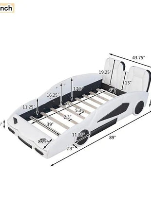 Likeshoppe Twin Size Race Car-Shaped Platform Bed With Wheels, White