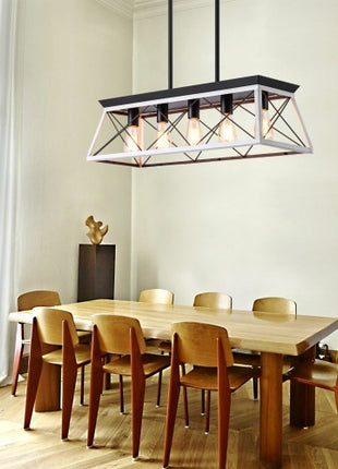Likeshoppe 5 Light Farmhouse Chandelier White & Black – Rustic Wood & Iron Dining Room Ceiling Light with Adjustable Height (E26 Dimmable)