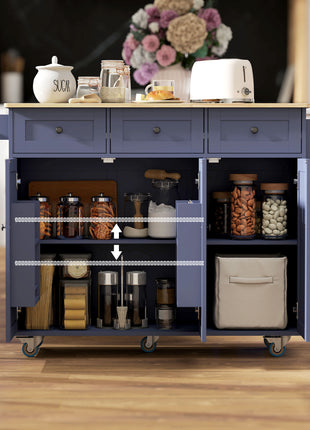 Kitchen Island on Wheels with Drop Leaf, Charging Station, Rolling Kitchen Cart with Wood Top, Adjustable Shelf, Blue