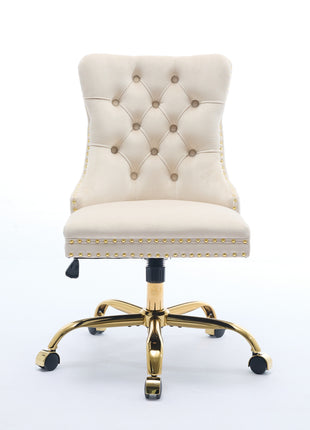 Likeshoppe Furniture Office Chair,Modern Velvet Upholstered Tufted Button Home Office Chair With Golden Metal Base,Adjustable Desk Chair Swivel Office Chair Beige