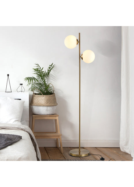 Modern Gold Floor Lamp with Dual Globe Glass Shades – 2-Light Standing Lamp with Foot Switch for Living Room & Bedroom