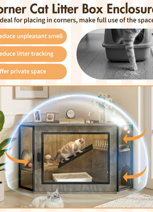 48" Corner Cat Litter Box Enclosure with LED Light – Hidden Cat House Cabinet with Acrylic Door