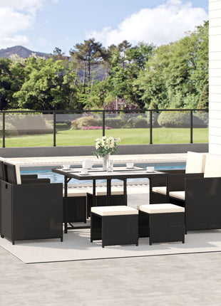 Likeshoppe 9 Piece Outdoor Rattan Dining Set with Cushions & Glass Table – Patio Wicker Furniture Set with Chairs & Ottomans for Backyard & Garden
