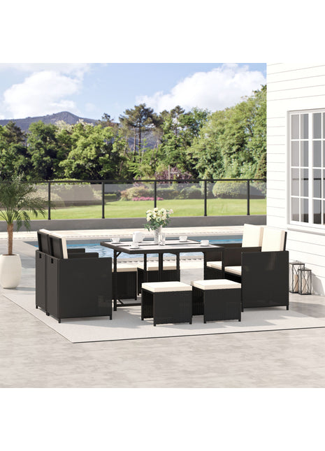 Likeshoppe 9 Piece Outdoor Rattan Dining Set with Cushions & Glass Table – Patio Wicker Furniture Set with Chairs & Ottomans for Backyard & Garden
