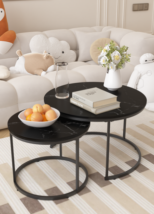 Round Nesting Coffee Table Set of 2 – Marble Pattern Modern Coffee Tables with Metal Frame