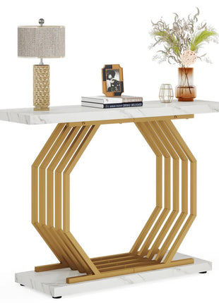 Likeshoppe Faux Marble Console Table with Gold Octagon Base – 39" Modern Entryway Sofa Table