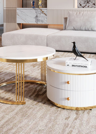 White Round Nesting Coffee Table Set with Drawers – Modern Coffee Tables with Gold Legs