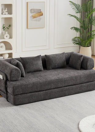 78.7” Convertible Sleeper Sofa Bed in Grey Chenille – Folding Couch with Pillows, Storage Pocket & Floor Lounge Design