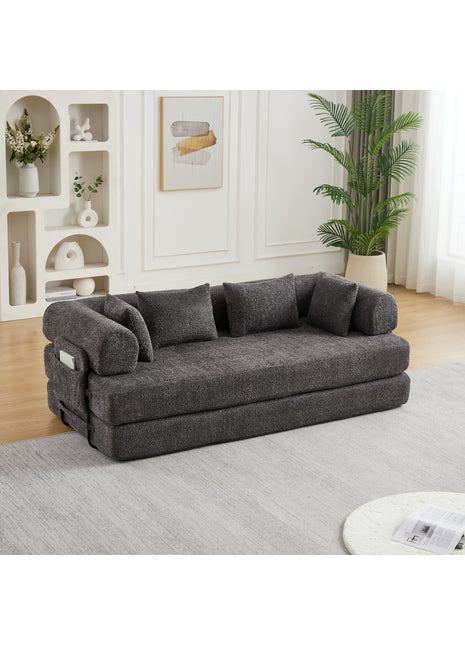 78.7” Convertible Sleeper Sofa Bed in Grey Chenille – Folding Couch with Pillows, Storage Pocket & Floor Lounge Design