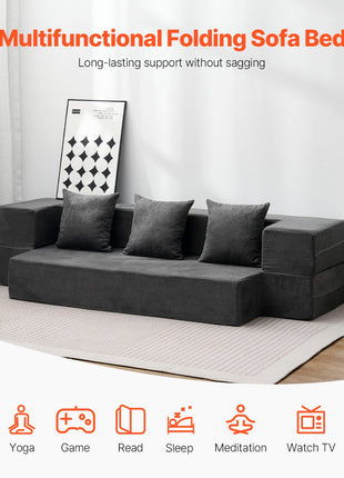 Convertible Folding Sofa Bed Chair with Lumbar Pillow – Floor Sleeper Lounge Chair with Washable Cover for Small Spaces
