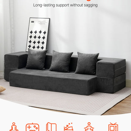 Convertible Folding Sofa Bed Chair with Lumbar Pillow – Floor Sleeper Lounge Chair with Washable Cover for Small Spaces