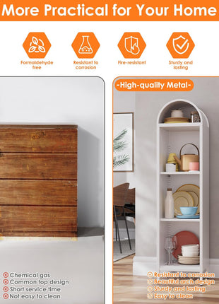 Arched Metal Display Bookcase with Glass Doors – Modern Storage Cabinet with Adjustable Shelves