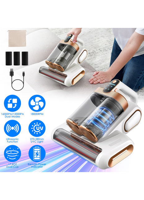 Mattress Vacuum Cleaner 16KPa with UVC Light & Ultrasonic Cleaning for Bed Sofa Pillows