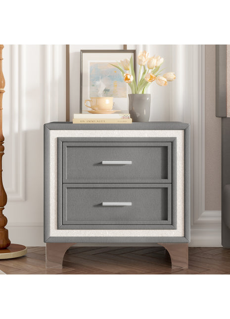 Gray Velvet Nightstand with 2 Drawers – Mid Century Bedside Table with Metal Legs