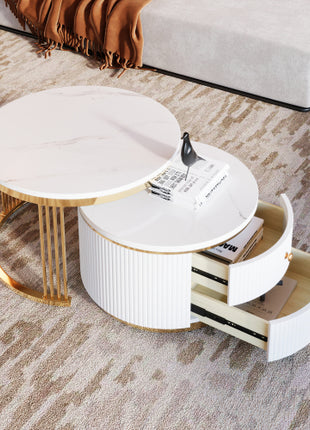 White Round Nesting Coffee Table Set with Drawers – Modern Coffee Tables with Gold Legs