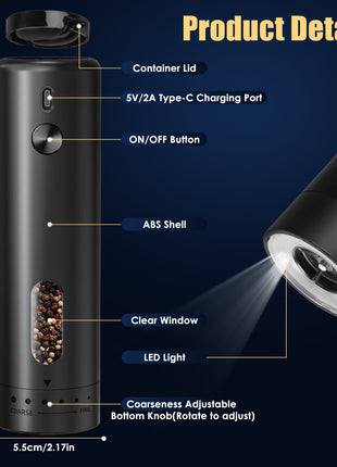 USB Rechargeable Electric Pepper Grinder with LED Light – Automatic Salt & Spice Mill with 6 Adjustable Coarseness Settings