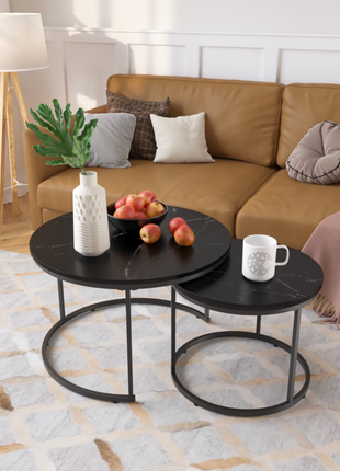 Round Nesting Coffee Table Set of 2 – Marble Pattern Modern Coffee Tables with Metal Frame