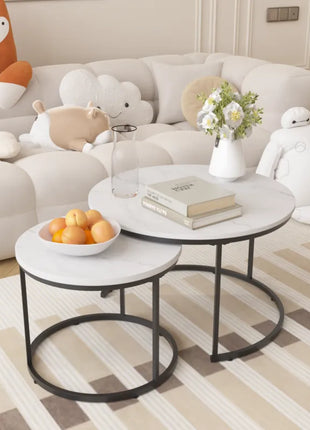 Round Nesting Coffee Table Set of 2 – Marble Pattern Modern Coffee Tables with Metal Frame
