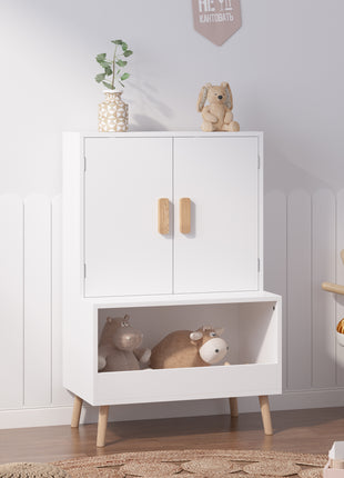 Likeshoppe Kids Toy Storage Cabinet with Doors and Open Shelf – Modern White Wooden Organizer for Nursery, Playroom & Bedroom