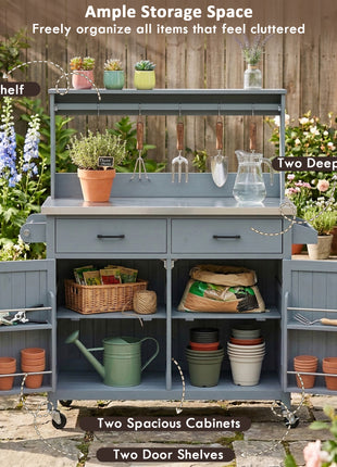 54.1" Outdoor Kitchen Island Cart with Stainless Steel Top, Storage Cabinets & High Shelf Hooks – Solid Wood BBQ Prep Table (Grey Blue)