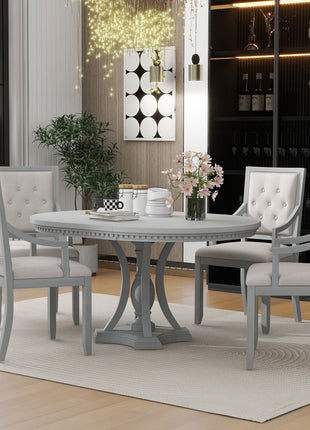 Retro 5-Piece Extendable Round Dining Set – Antique Gray Oak Table with 4 Chairs