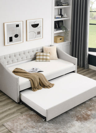 Likeshoppe Daybed with Trundle – Upholstered Mid-Century Sofa Bed with Button Tufted Back, Beige