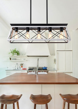 Likeshoppe 5 Light Farmhouse Chandelier White & Black – Rustic Wood & Iron Dining Room Ceiling Light with Adjustable Height (E26 Dimmable)