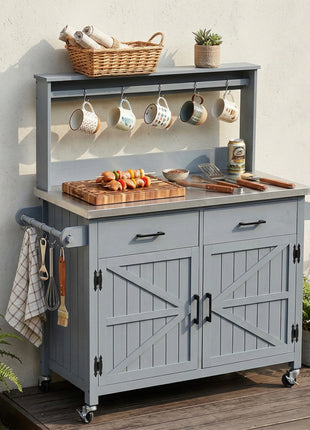 54.1" Outdoor Kitchen Island Cart with Stainless Steel Top, Storage Cabinets & High Shelf Hooks – Solid Wood BBQ Prep Table (Grey Blue)