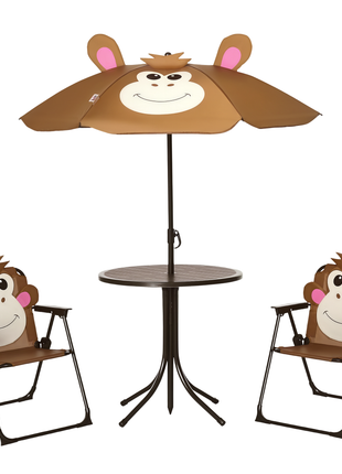 Kids Outdoor Table and Chair Set with Umbrella – Monkey 4-Piece Patio Furniture Set for Backyard Ages 3–6