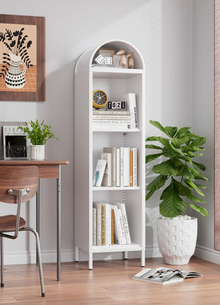 Arched Metal Display Bookcase with Glass Doors – Modern Storage Cabinet with Adjustable Shelves