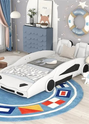 Likeshoppe Twin Size Race Car-Shaped Platform Bed With Wheels, White