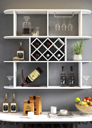 Likeshoppe Wall Mounted 3 Tier Wine Rack with Glass Holder – Rustic Wooden Wine Storage Shelf for Home Bar, Kitchen & Dining Room (White)
