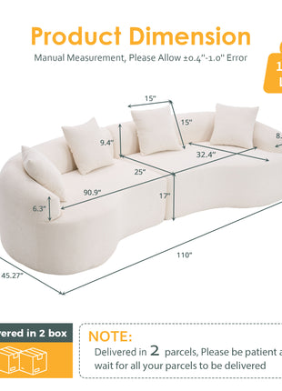 110" Curved Boneless Modular Sectional Sofa – Chenille Compression Couch (White)
