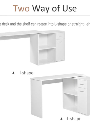 L Shaped Computer Desk, 180° Rotating Corner Desk with Storage Shelves, Drawer and Cabinet, Study Workstation for Home Office, White
