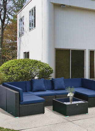 7-Piece Outdoor Wicker Patio Furniture Set – Sectional Sofa with Cushions & Glass Coffee Table