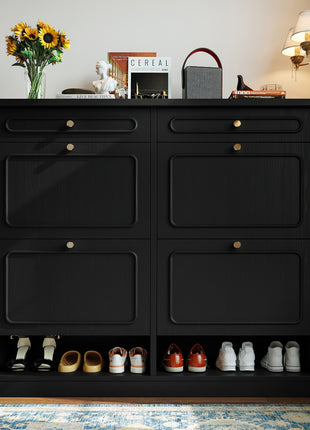 Farmhouse Shoe Cabinet with 4 Flip Drawers & 2 Storage Drawers – Black Entryway Shoe Rack Organizer