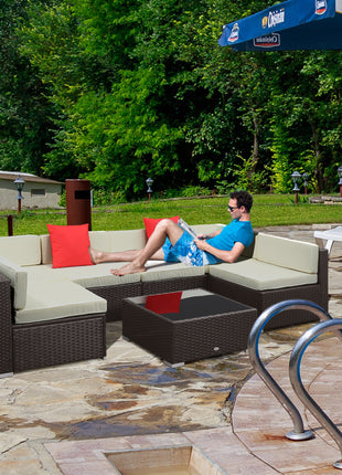 Likeshoppe 7 Piece Outdoor Rattan Sectional Sofa Set with Cushions & Glass Table – Modular Patio Furniture for Backyard, Garden & Outdoor Seating